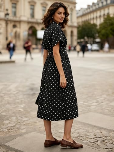 Image of MSBESYOR Women Button Front Pleated Shirt Maxi Dress Summer Striped Prints Short Sleeve Collar Casual Long Dresses
