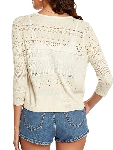 Image of Spicy Sandia Tie Front Sheer Shrug 3 /4 Sleeve Cropped Crochet Cardigan for Summer Lightweight