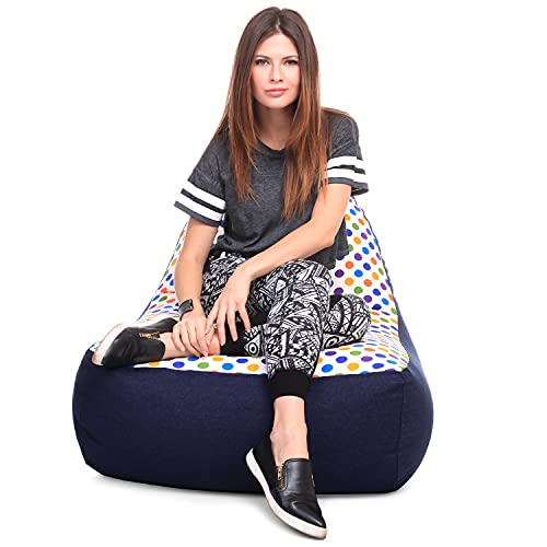Image of Style Homez Urban Design Denim Canvas Polka Dots Printed Chair Bean Bag XXL Size Filled with Beans Fillers