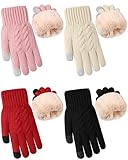 Janmercy 4 Pairs Winter Fleece Lined Gloves Women Men Cold Weather Knit Touchscreen Gloves Valentines Gifts for Her Him(Black, Pink, Light Khaki, Red,Cable Knit)