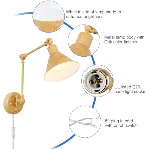 Image of TRLIFE Wall Sconce Plug in, Dimmable Wall Sconce with Switch Swing Arm Wall Lights Plug in Wall Light Wall Sconces Lighting with 6FT Plug in Cord, E26 Base(1 Pack, Oak Color)