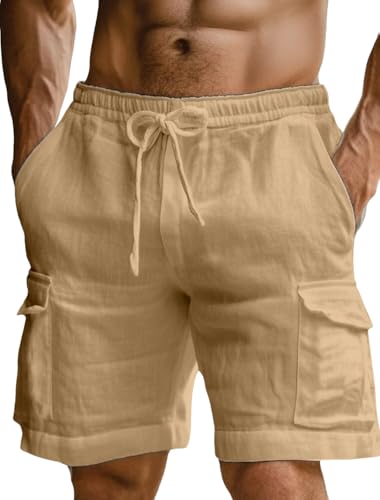 Image of INKKR Men's Cargo Linen Shorts Beach Shorts Drawstring Elastic Multi Pocket Plain Comfort Breathable Knee Length Cotton Shorts
