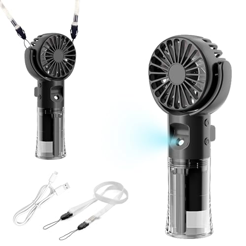 Hifot Mini Ventilador de Mano Portátil Recargable USB 4 Velocidades 3 en 1 Ventilador con Agua Pulverizada Escritorio Plegable 180° con Cuerda para Cuello para Oficina, Viajes Negro