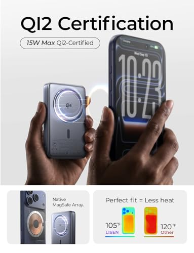 Image of LISEN for Magsafe Power Bank Battery Pack, Slim 10,000mAh Fast Charging Portable Charger, Qi2 15w Magnetic Power Bank Wireless Charger with 22.5w C Port Designed for iPhone 17 /16 /15 /14 /13 /12 Series