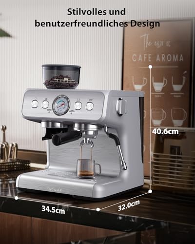 COWSAR Kaffeemaschine mit Mahlgradeinstellung, intelligenter Temperaturregelung, 30 Mahlgradeinstellungen, Edelstahl-Espressomaschine mit Tassenwärmer, perfekt für Latte Macchiato
