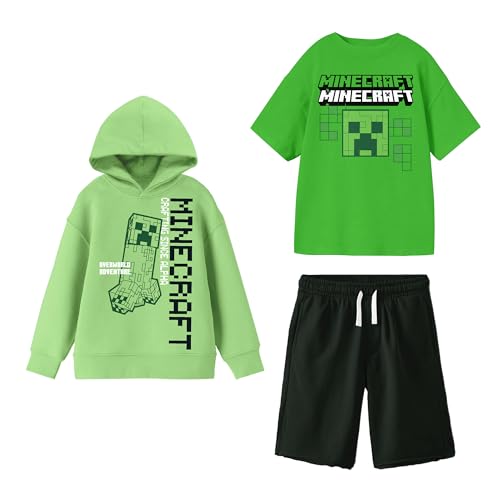 Bioworld Minecraft Perfect Outfit Youth Boy Hoodie Short-Sleeve Tee and Lounge Shorts 3-Piece Combo Set 4 (XS)