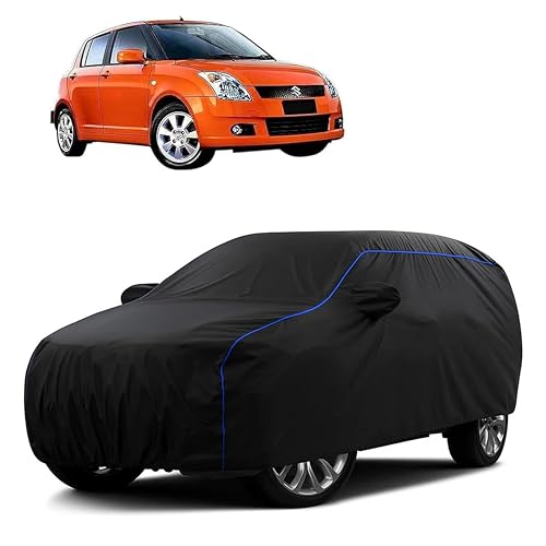 Image of Sulfar 100% Water Resistant Car Body Cover Compatible with Mirror for Maruti Suzuki Old Swift (Triple Stitched, Full Bottom Elastic, Black Tafetta with Blue Piping)
