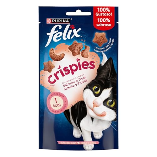 Felix Purina Crispies, Snack para Gato Adulto, Premio para Gato con Salmón y Trucha, Pack de 8 Bolsas de 45g