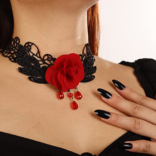 Missgrace Punk Vintage Black Lace Shiny Red Flower Crystal Choker Necklace for Women Chunky Short Necklace Black Chain Necklace for Women3