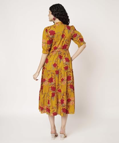 Image of PIDAVLIYA'S Women's Cotton Floral Printed Midi Dress | V-Neck Fit & Flare Dress with Puff Sleeves | Casual Summer Wear