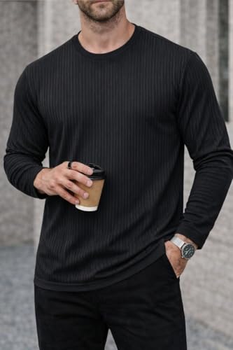Image of Mack Jonney Men's Striped Ribbed Black Full Sleeve T-Shirt | Premium Soft Stretch Fabric | Casual Wear Round Neck Tee-M6265