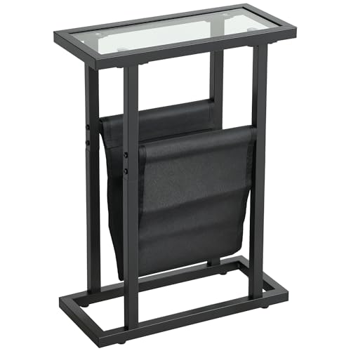 HOMCOM Table d'appoint étroite, Bout de canapé en métal avec Porte-revues et Plateau en Verre trempé, pour Salon, Chambre à Coucher, 40 x 18 x 55,5 cm,...