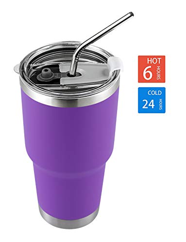Image of 30oz Tumbler Stainless Steel Double Wall Vacuum Insulated Mug with Straw and Lid, Cleaning Brush for Cold and Hot Beverages (30oz Purple)