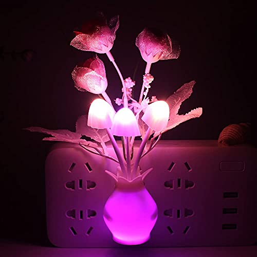 2-Pack Mushroom Night Light,Urtop Clove Tulip Flowers Plant Plug-In Nightlight 7 Colors Changing Wall Lamp With Light Sensor For Baby Kids Children Gift Breast-Feeding Bedroom Hallway Bathroom Nursery #TOP2
