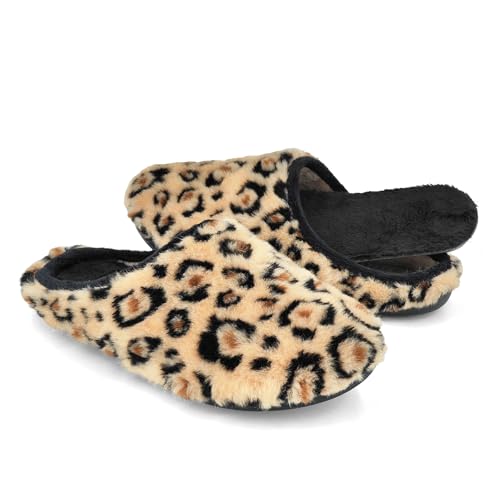 JOMIX Hausschuhe Damen Warm Mit Herausnehmbarer Innensohle Plüsch Gefüttert Leopard Muster Mule Offen Hinten Leichte Sohle Rutschfest Für Parkett Fliesen Ideal Für Entspannte Tage MD2410 Braun 38