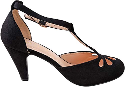 Chase & Chloe Kimmy-36 Women's Teardrop Cut Out T-Strap Mid Heel Dress Pumps (8.5, Black Nubuck)2