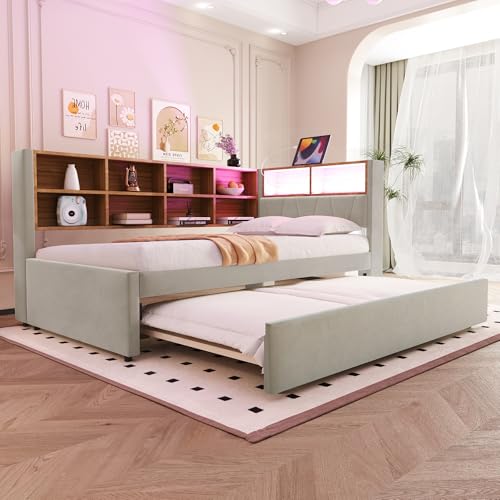 Sofá cama multifunción de 90 x 200 cm, cama nido de 90 x 190 cm, equipado con luces LED, enchufes y muchos compartimentos, cama tapizada, cama individual, franela, gris claro.