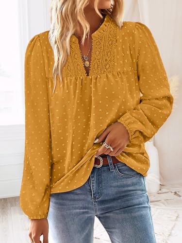 BETTE BOUTIK Women Boho Long Sleeve Shirts Dressy Casual V Neck Fall Fashion Tops Swiss Dot Flowy Blouses