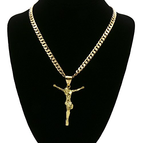 14K Gold Plated On Brass Hip Hop Jesus Crucifix Savior Pendant W/ 6Mm 24" Cuban Chain #TOP2