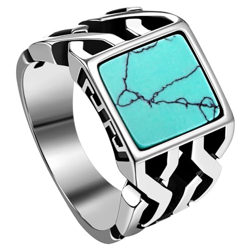 Cupimatch Bague Homme Acier Inoxydable: Bague Chevalière avec Turquoise Style Vintage Fantaisie Classique Biker Motard Carré - Cadeau Homme Anniveraire Fête...