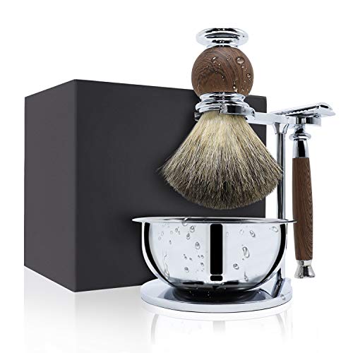 Jolitac Wet Shaving Kit For Men - Badger Hair Shaving Brush, Shaving Stand, Stainless Steel Shaving Bowl Mug, Double Edge Safety Razor, Men's Safety Razor Grooming Gift Set (Wood)