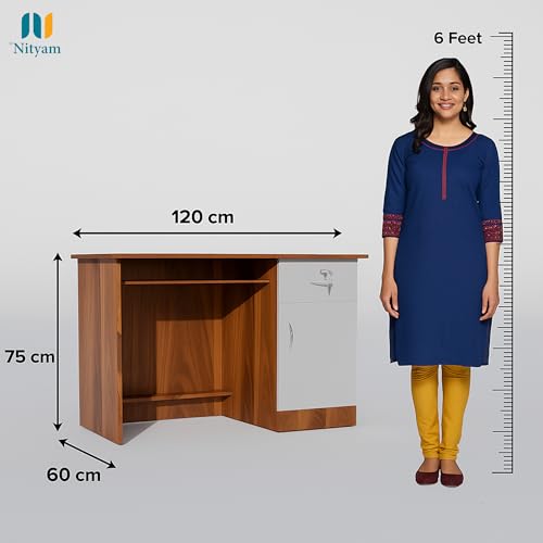 Image of NITYAM Wooden Computer Table with Keyboard Tray, Storage Drawer, CPU Printer Space, for Home Office, Adults, Students (Warranty: 1 Year, Color-Walnut & White)