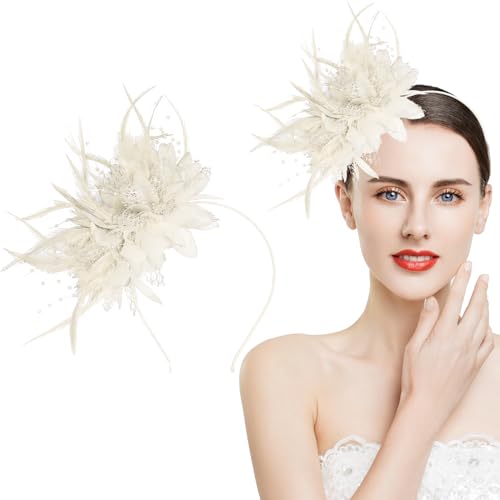 YAWYO Faixa de cabeça tocada cor creme, acessório para o cabelo com malha de penas e flores artificiais, toucados para mulher, ideal para casamentos, coquetéis, festas de chá.