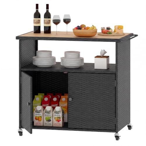 Image of Tangkula Rattan Outdoor Storage Cabinet with 4 Wheels, Black