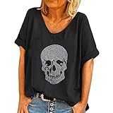 Halloween Kostüm Damen Oversize Shirt Totenkopf Glänzend Strass Tshirt Lose Kurzarm Schwarz Bluse Oberteile Tops Glitzersteine Damenblusen T-Shirt Bar Party Karneval Punk Top Shirts