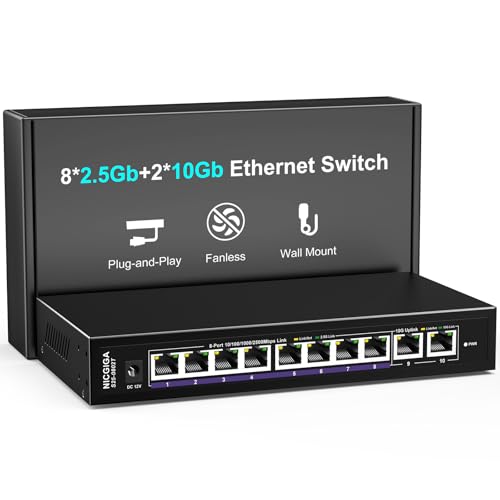Image of 10Gbe Ethernet Switch Unmanaged with 2 x 10Gb RJ45 Ports ➕ 8 x 2.5Gb Base-T Ports, Desktop /Wall Mount NICGIGA 10 Port 10Gbps Network Switch for Wireless AP, NAS, PC