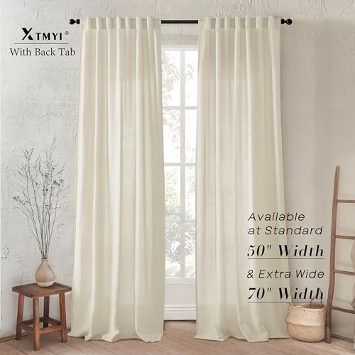 Image of XTMYI Tan Beige Curtains 84 Inches Long for Living Room,Sheer Linen Hooks Pleated Back Tab Light Filtering Semi Opaque Curtains for Bedroom,Set of 2 Panels