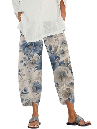 Womens Boho Floral Pants Wide Leg High Waist Trousers Baggy Casual Printed Summer Beach Capri Pants with Pockets
