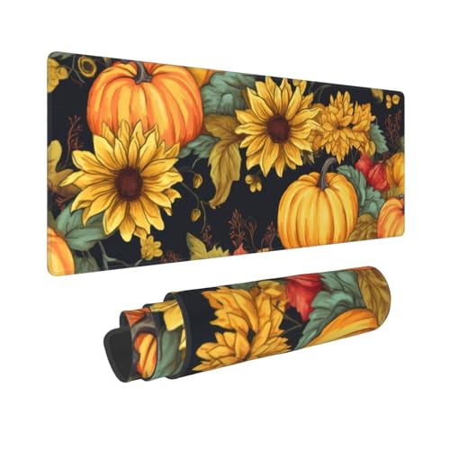 Image of Fall Pumpkin Sunflower Mouse Pad 31.5x11.8 XL Watercolor Autumn Leaf Floral Extended Mousepad Large Keyboard Mouse Mat Desk Pad with Non-Slip Rubber Base Stitched Edges for Home Office Game