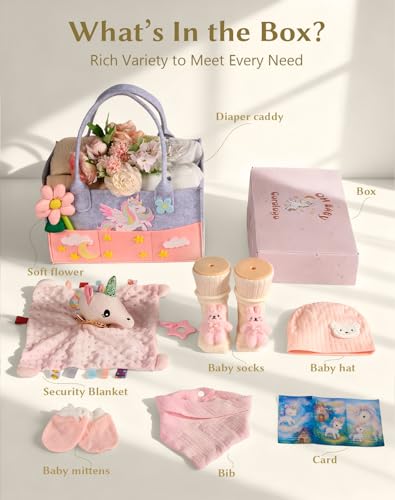 Image of Baby Shower Gift Basket - Baby Gift Set with Diaper Caddy, Gifts for New Mom, Gender Reveal Gifts, New Born Essential Include Security Blanket Hat Bib Socks Mittens, Girl