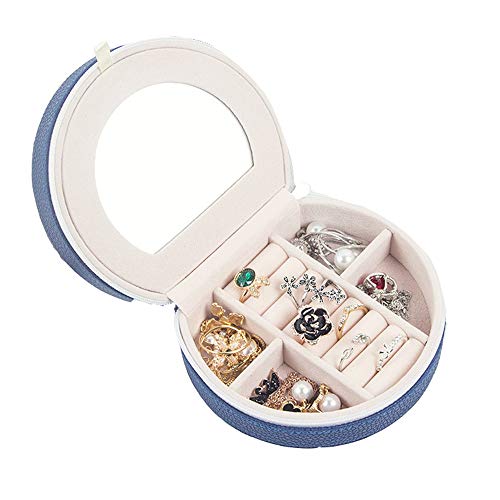 GEMSeven Estuche Organizador De Almacenamiento De Joyas De Cuero con Cremallera Pequeña Y Redonda con Caja De Regalo con Espejo