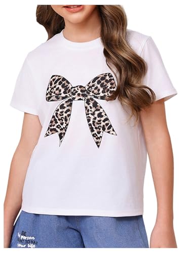 Image of WDIRARA Girl's Leopard Graphic T Shirt Crew Neck Short Sleeve Tee Shirts Cute Tops