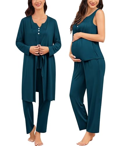 Image of SWOMOG Maternity Nursing Pajamas Set 3 Piece Breastfeeding 3 in 1 Labor Delivery Sleevless Tops Long Pants Pregnancy Pjs