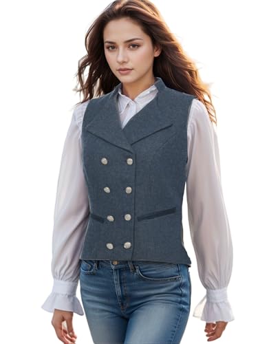 UniqKaliber V-Neck Suit Vest for Women, Tweed Work Wear Slim Fit Waistcoat Office Double Breasted Business Lapel Dressy Vest