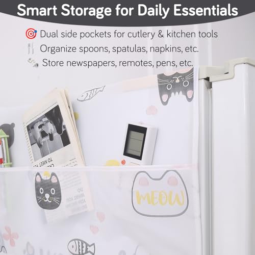 Image of HOKIPO Small Fridge Cover Top | For Smaller Single Door and Smaller Double Door Refrigerator - Waterproof, Printed with 6 Side Pockets, Size Small 130x55 cm,Playful Cats (AR-5875-D6)