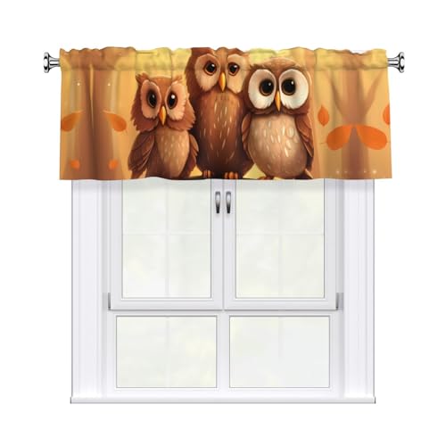 YYHWHJDE Cute Brown Cartoon Owls Prints Short Curtains with Valance Rod 54x18in, Light Filtering, Easy Installation for Kitchen, Bathroom, Laundry Room, Studio