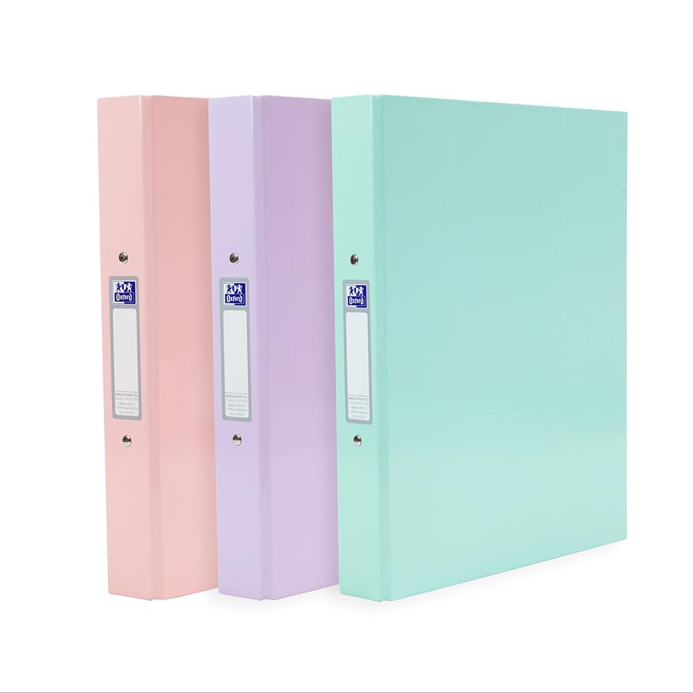 Oxford A4 Ring Binders, 3 Pack of Glossy Pastel Folders, Laminated Paper-on-Board, 40 mm Spine, Pink, Lilac & Mint