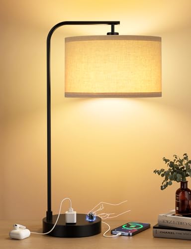 Tall Table Lamp with USB Port and Outlet, Dimmable Nightstand Bed...