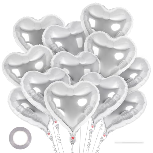 Image of 12 Pcs Silver Heart Balloons,18 Inch Heart Foil Balloons Love Balloon Valentine Balloon for Birthday Party Wedding Engagement Party Baby Shower Valentine Day Decorations