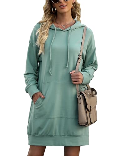 Litherday Damen Kapuzenpullover Dünn Kleid Langarm Baumwolle Einfarbig Hoodie Casual Mantel Outwear Sweatshirts mit Kapuze Minzgrün L