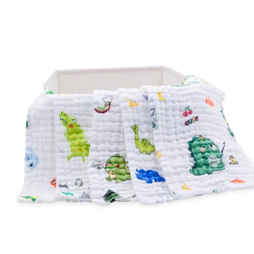 PENG'S M Baby Muslin Burp Cloths 5 Pack Dinosaur Burping Rags Super Soft Face Towel 100% Organic Cotton 20x10 Inches3