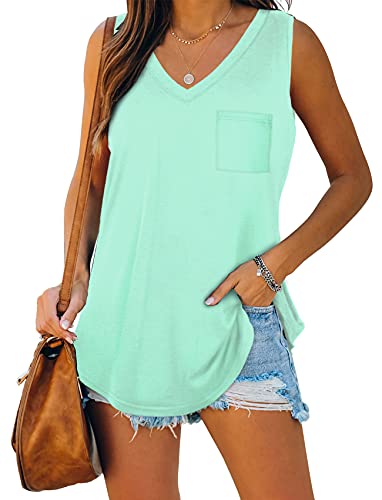 Womens Tank Tops Sleeveless V Neck Cute Plus Size Top Lake Green 3XL