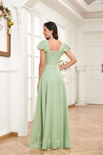 MAGGCIF Short Sleeve Bridesmaid Dresses for Women with Slit A Line Ruffle Chiffon Long Formal Evening Party Gown4
