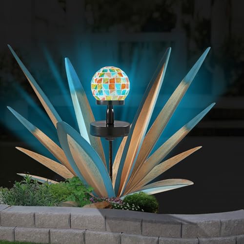 Image of TOMBABY Solar Outdoor Light Style Metal Agave Plants Outdoor Patio, Home Decor Hand-Painted Metal Agave Garden Patio Statues, Suitable for Desert Areas, Outdoor Lawn Decorations