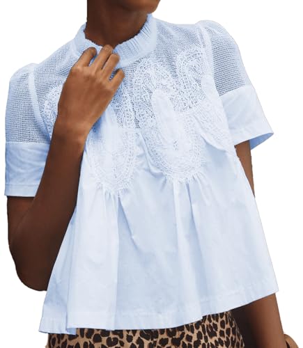 VAOYIU Women Lace-Detail Flared Blouse Short-Sleeve Crew Neck Lace Poplin