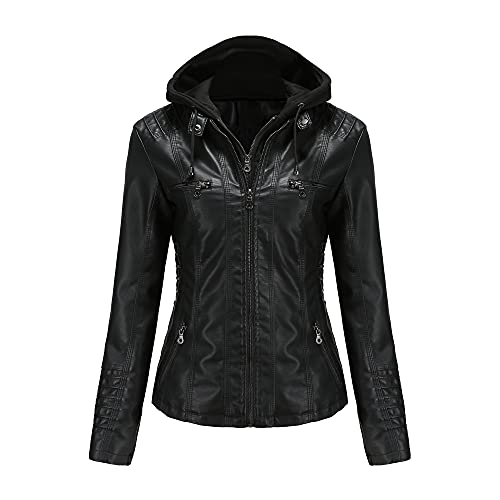 Women's Faux Leather Jacket Biker Coat Motorcycle Jacket with Detachable Hooded